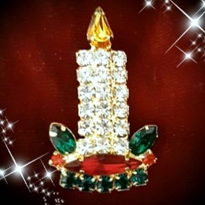 Small Candlestick Christmas Rhinestone Pin